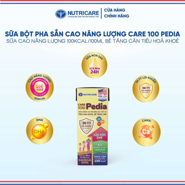 Thùng Sữa Bột Pha Sẵn CARE 100 PEDIA NUTRICARE Cho Bé Từ 1 Tuổi Hỗ Trợ ăng Cân Tiêu Hoá Khoẻ Chống Táo Bón 48 Hộp
