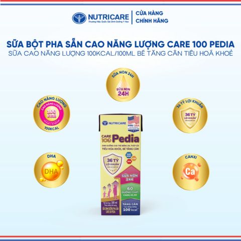 Thùng Sữa Bột Pha Sẵn CARE 100 PEDIA NUTRICARE Cho Bé Từ 1 Tuổi Hỗ Trợ ăng Cân Tiêu Hoá Khoẻ Chống Táo Bón 48 Hộp