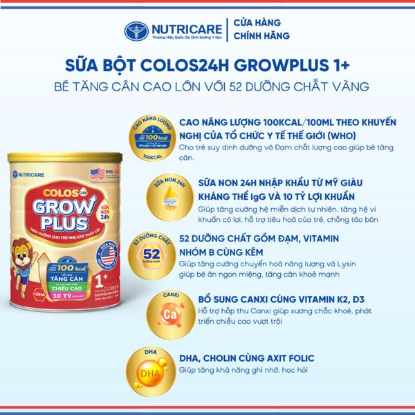 Sữa Bột GROW PLUS 1+ COLOS 24 NUTRICARE 1-2 Tuổi Bé Tăng Cân Phát Triển Chiều Cao Tăng Cường Đề Kháng và Tiêu Hoá 850G