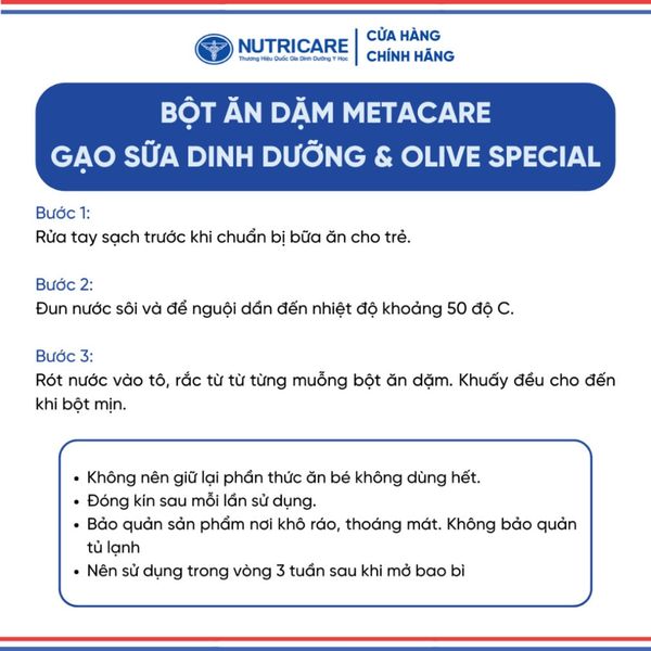 Bột Ăn Dặm NUTRICARE Metacare Gạo Sữa Dinh Dưỡng & Olive Special Cho Bé Từ 4 Tháng Tuổi Ăn Ngon Hơn và Hấp Thu Tốt 200G