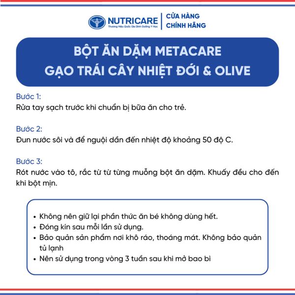 Bột Ăn Dặm NUTRICARE Metacare Gạo Trái Cây Nhiệt Đới & Olive Hương Vị Thơm Ngon Giúp Bé Ăn Ngon Hơn Hấp Thu Tốt 200G