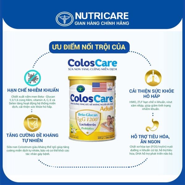 Sữa Bột COLOSCARE ADULT NUTRICARE Tăng Cường Đề Kháng Bổ Sung Sữa Non Hỗ Trợ Tiêu Hoá Ăn Ngon Người Lớn Tuổi 800G/Lon