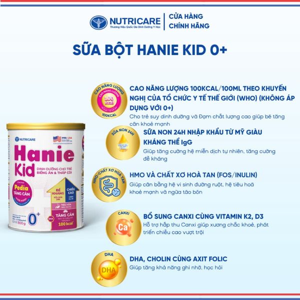 Sữa Bột HANIE KID 0+ NUTRICARE Cho Bé 0-12 Tháng Suy Dinh Dưỡng Biếng Ăn Thấp Còi Sữa Non 24H Cao Năng Lượng 800G
