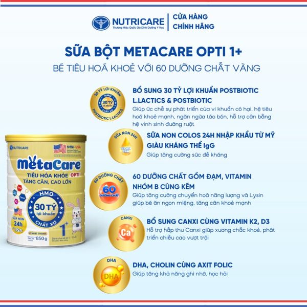Sữa Bột METACARE OPTI 1+ NUTRICARE Bé 1-2 Tuổi Tiêu Hoá Khoẻ Tăng Cân Cao Lớn Tăng Cường Hệ Miễn Dịch Đề Kháng 850G