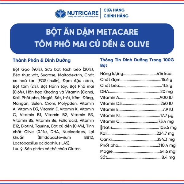 Bột Ăn Dặm NUTRICARE Metacare Tôm Phô Mai Củ Dền & Olive Hương Vị Thơm Ngon Giúp Bé Ăn Ngon Hơn Hấp Thu Tốt 200G