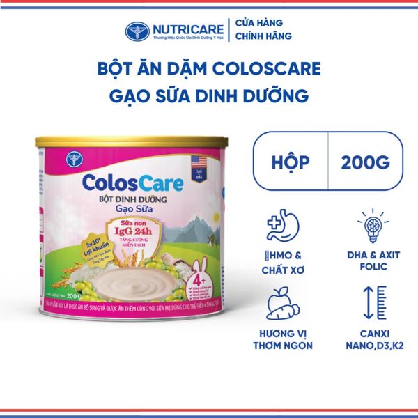 Bột Ăn Dặm NUTRICARE COLOSCARE Vị Ngọt Gạo Sữa Thơm Ngon Cho Trẻ Bắt Đầu Tập Ăn Bổ Sung Sữa Non IgG24H 200G/Lon