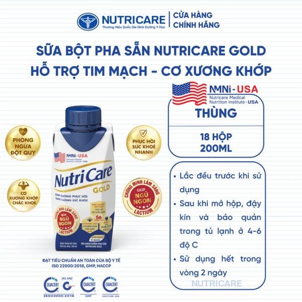 Thùng 18 Hộp Sữa Bột Pha Sẵn NUTRICARE GOLD 200ml Giúp Ngủ Ngon Hỗ Trợ Tim Mạch Cơ Xương Khớp Dễ Hấp Thụ Tiêu Hoá Tốt