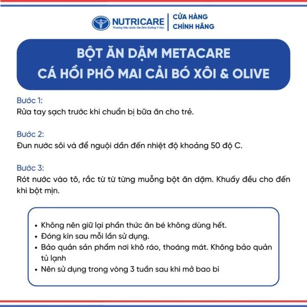 Bột Ăn Dặm NUTRICARE Metacare Cá Hồi Phô Mai Cải Bó Xôi & Olive Hương Vị Thơm Ngon Giúp Bé Ăn Ngon Hơn Hấp Thu Tốt 200G