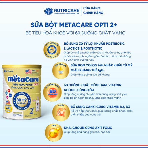 Sữa Bột METACARE OPTI 2+ NUTRICARE Bé 2-10 Tuổi Tiêu Hoá Khoẻ Tăng Cân Cao Lớn Tăng Cường Đề Kháng Vị Thanh Nhạt 850G