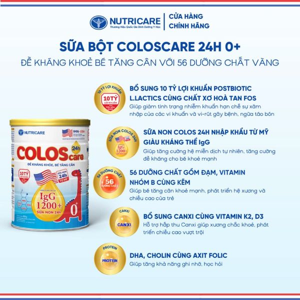 Sữa Bột COLOSCARE 24H 0+ NUTRICARE Tăng Cân Cao Lớn Đề Kháng Khoẻ Tiêu Hoá Tốt Với Sữa Non 24h IgG 1200+ Từ 0-12 Tháng
