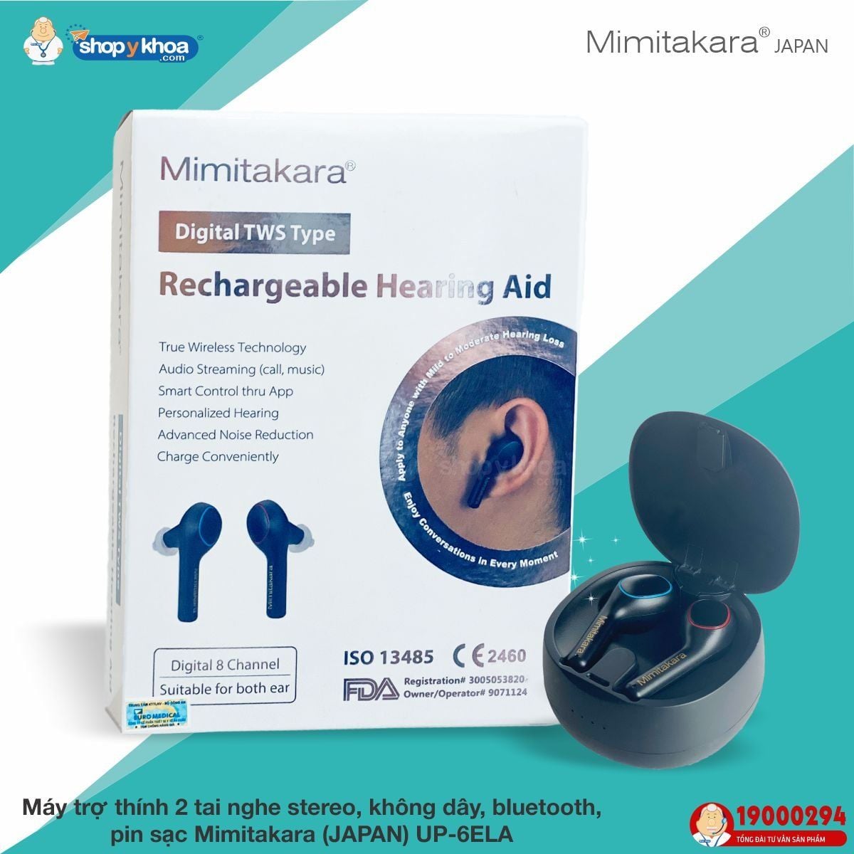  Máy trợ thính 2 tai nghe stereo, không dây, bluetooth, pin sạc Mimitakara (JAPAN) UP-6ELA (Đen) 
