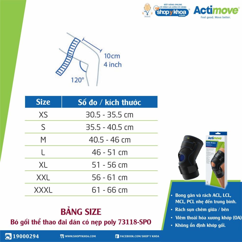  Nẹp khớp gối Actimove Knee Brace. Bó gối thể thao đai dán có nẹp poly 73118-SPO. 
