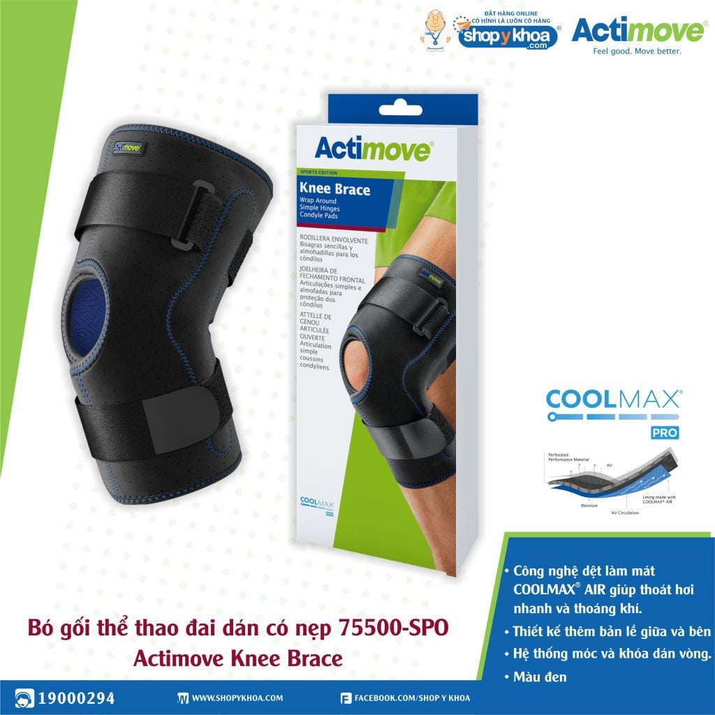 Nẹp khớp gối Actimove Knee Brace. Bó gối thể thao đai dán có nẹp 75500-SPO. 