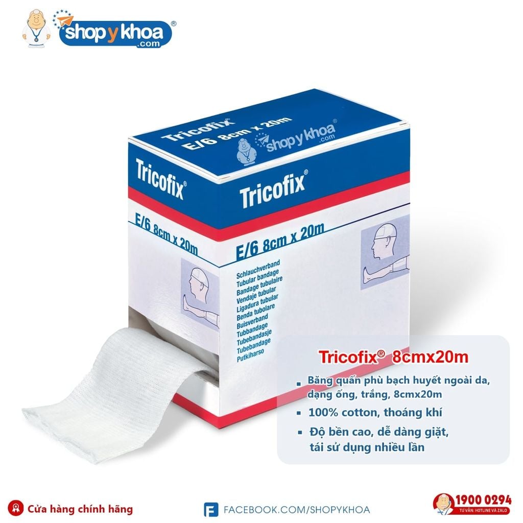  Băng gạc y tế ngoài da TRICOFIX. Băng quấn phù bạch huyết lớp 1, dạng ống, trắng, 8cmx20m. 