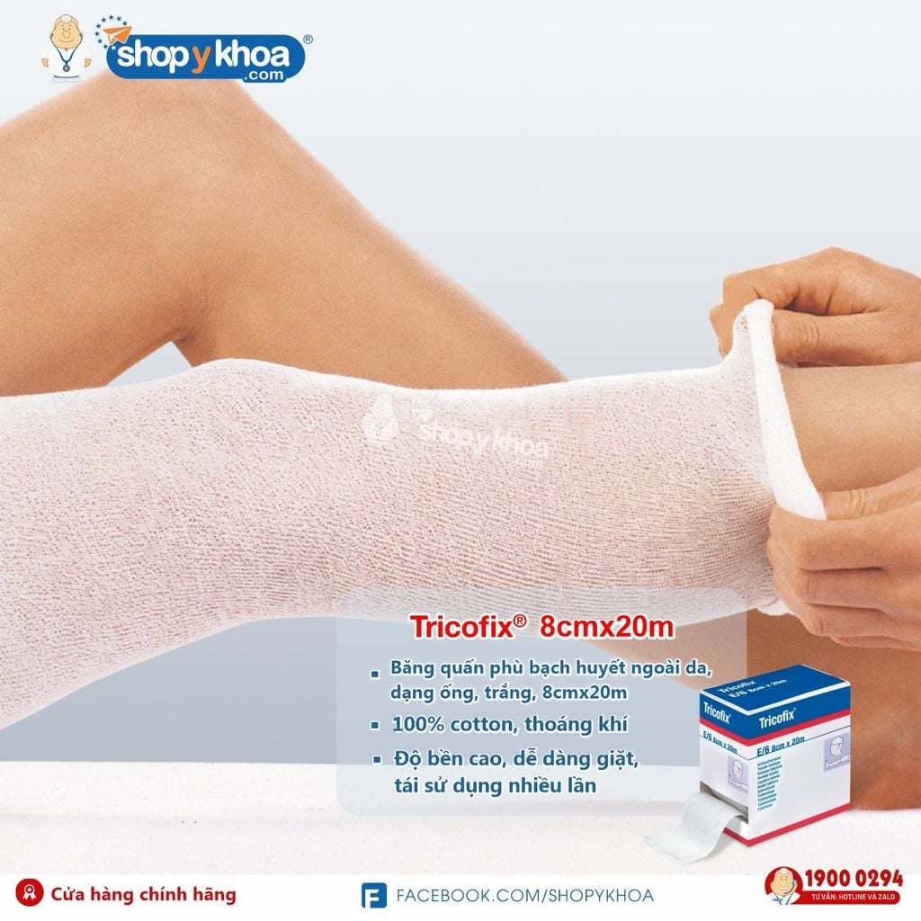  Băng gạc y tế ngoài da TRICOFIX. Băng quấn phù bạch huyết lớp 1, dạng ống, trắng, 8cmx20m. 