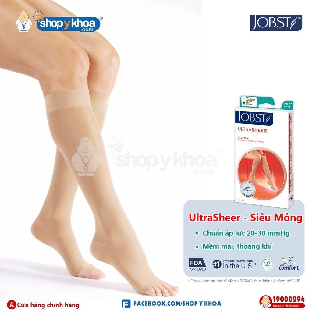  Vớ Y Khoa JOBST UltraSheer Siêu Mỏng - Vớ Gối, Màu Da, Hở Ngón, Áp Lực 20-30mmHg 