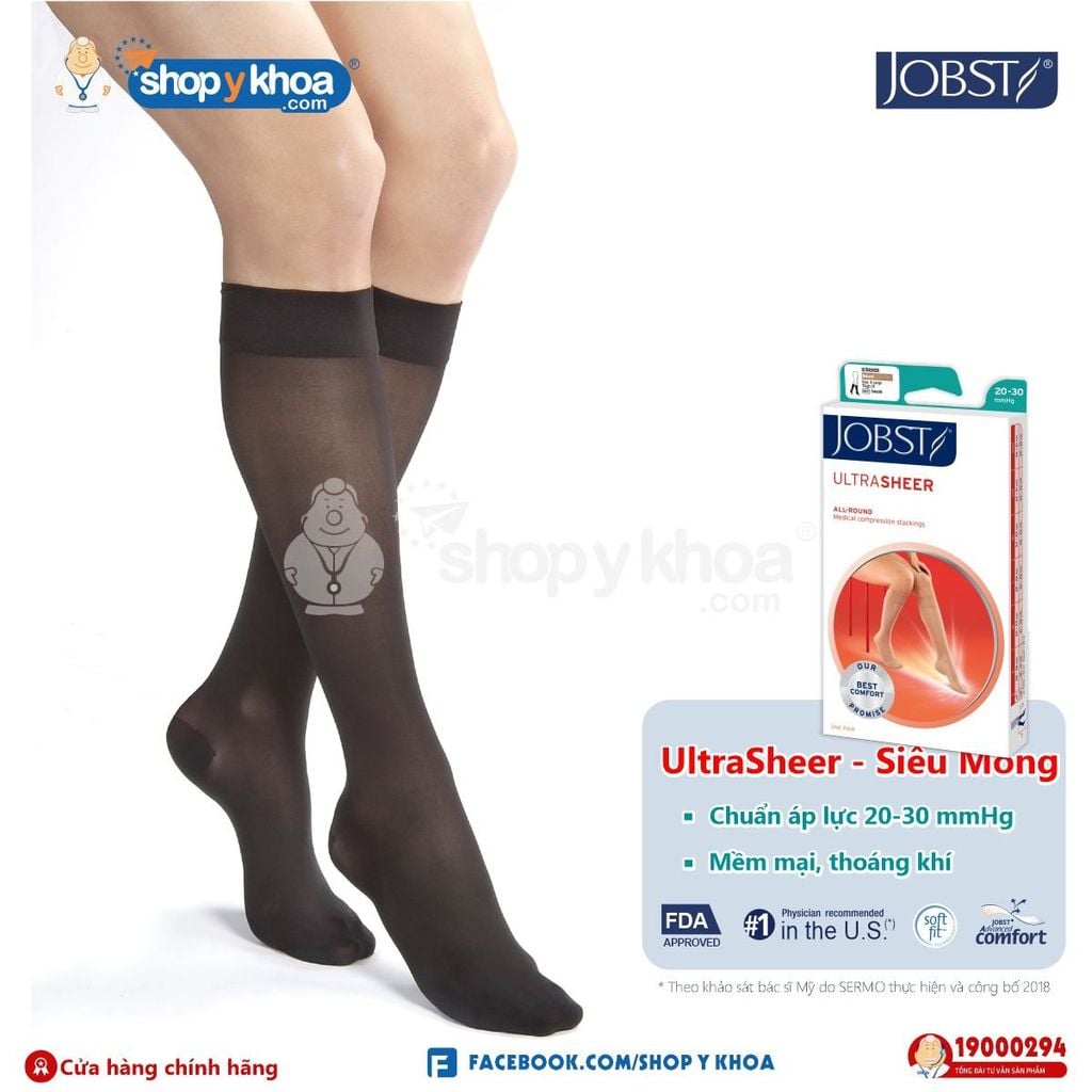  Vớ Y Khoa JOBST UltraSheer Siêu Mỏng - Vớ Gối, Màu Đen, Kín Ngón, Áp Lực 20-30mmHg 
