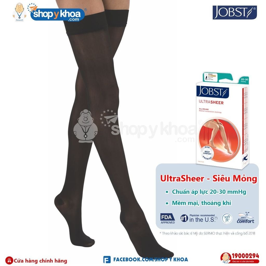  Vớ Y Khoa JOBST UltraSheer Siêu Mỏng - Vớ Đùi, Màu Đen, Kín Ngón, Áp Lực 20-30mmHg, Silicone 