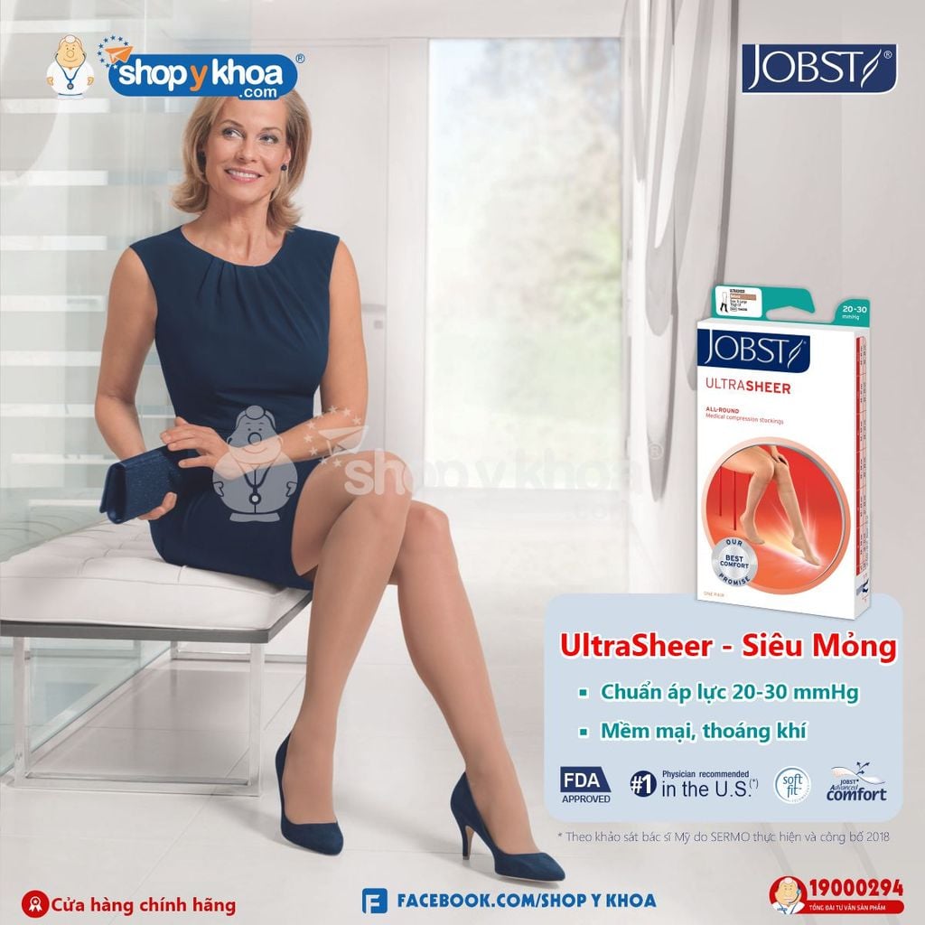  Vớ Y Khoa JOBST UltraSheer Siêu Mỏng - Vớ Đùi, Màu Da, Hở Ngón, Áp Lực 20-30mmHg, Silicone 