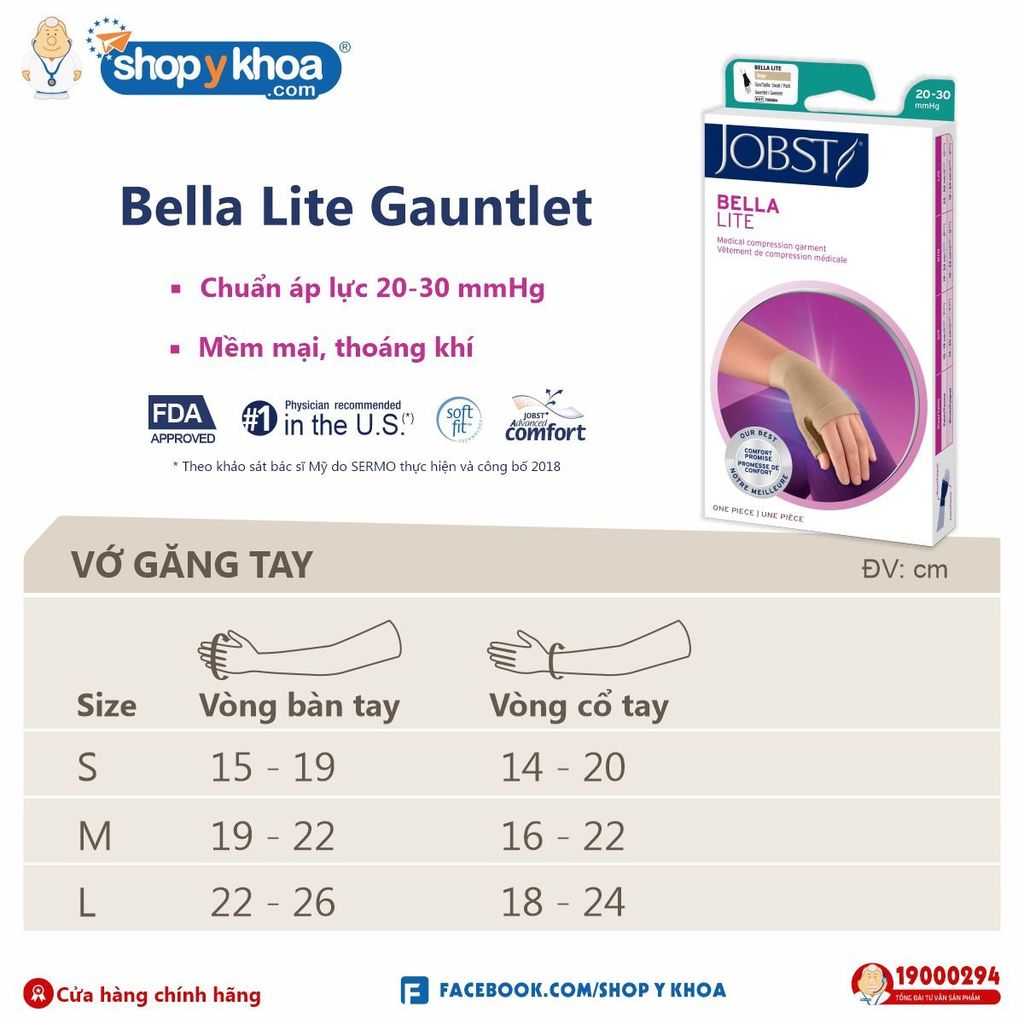  Vớ Găng Tay Phù Bạch Huyết JOBST Bella Lite Gauntlet, Áp Lực 20-30mmHg, Màu Da 