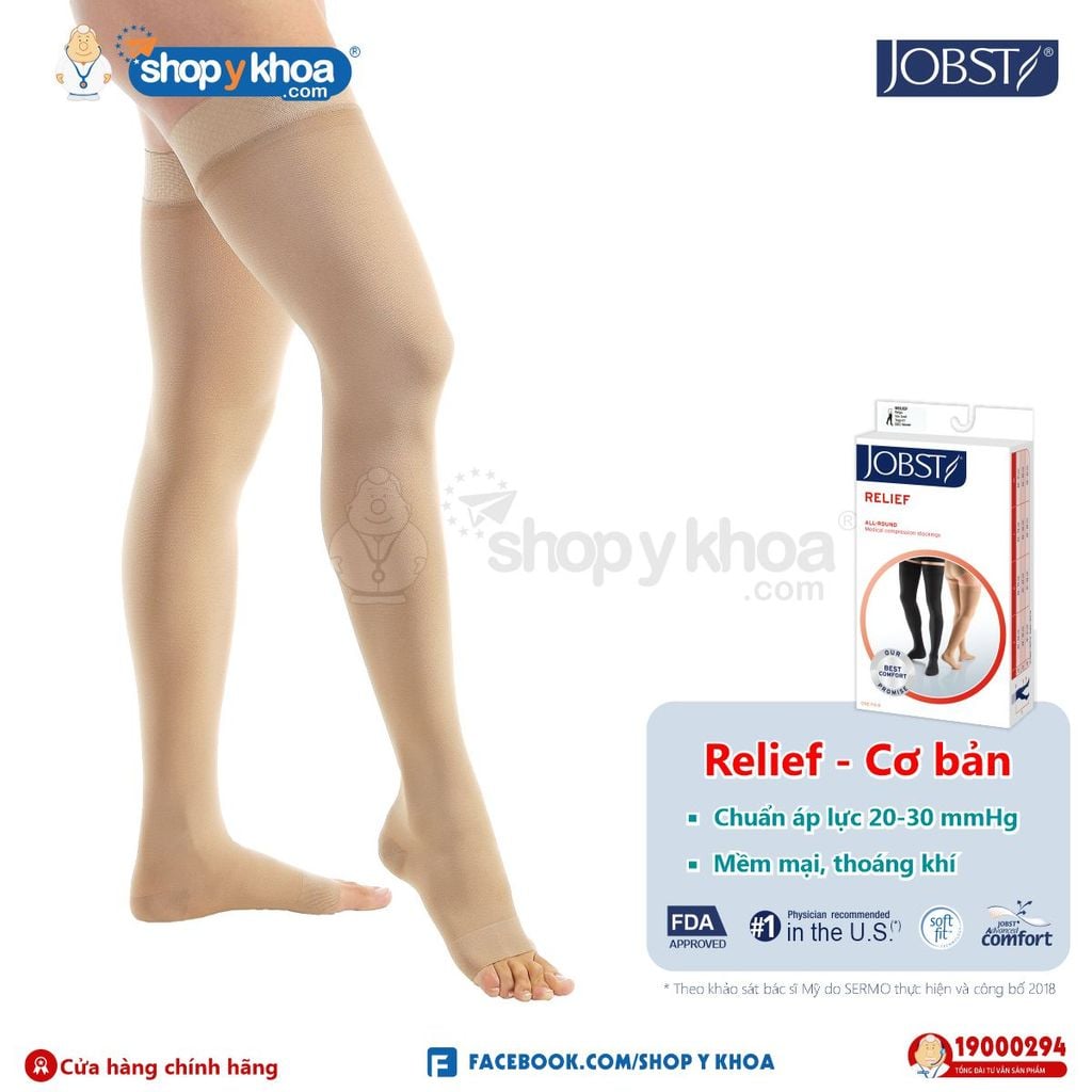  Vớ Y Khoa JOBST Relief Cơ Bản - Vớ Đùi, Màu Da, Hở Ngón, Áp Lực 20-30mmHg, Silicone 