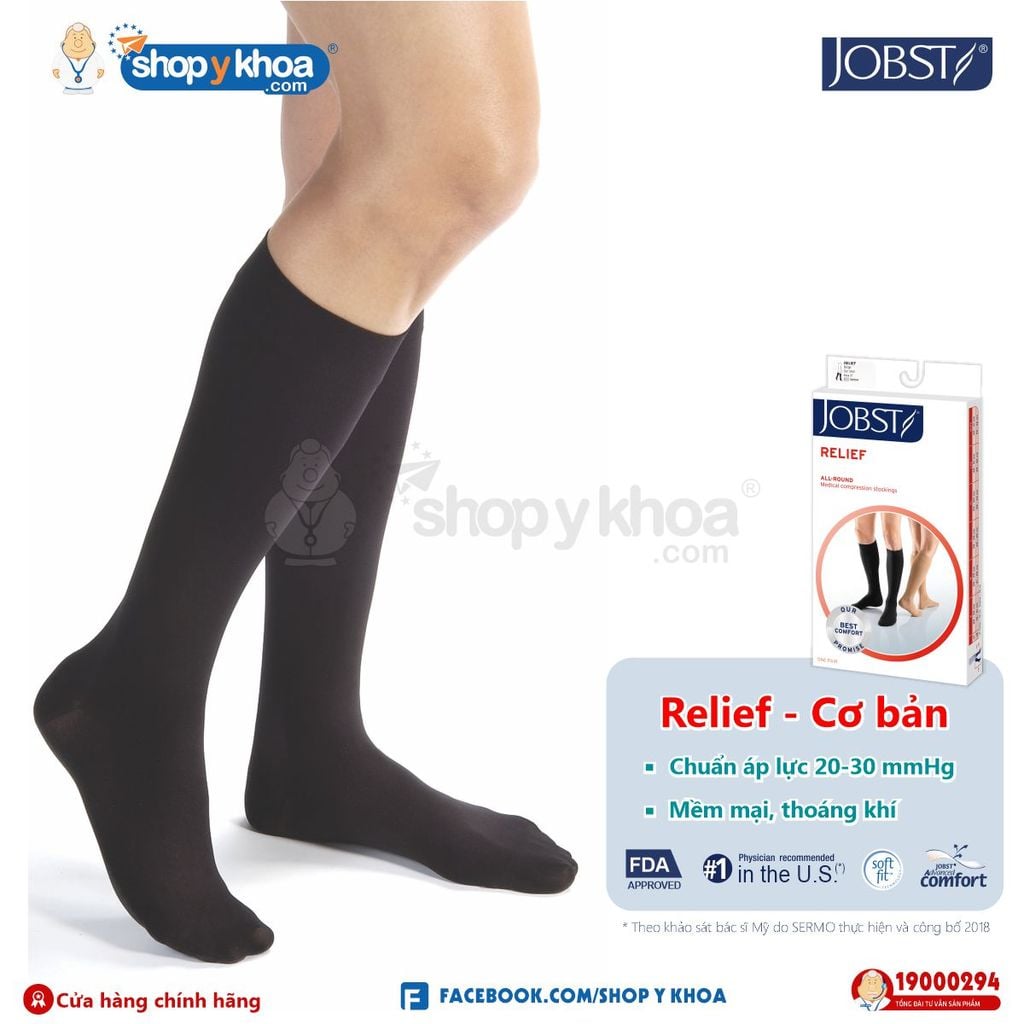  Vớ Y Khoa JOBST Relief Cơ Bản - Vớ Gối, Màu Đen, Kín Ngón, Áp Lực 20-30mmHg 