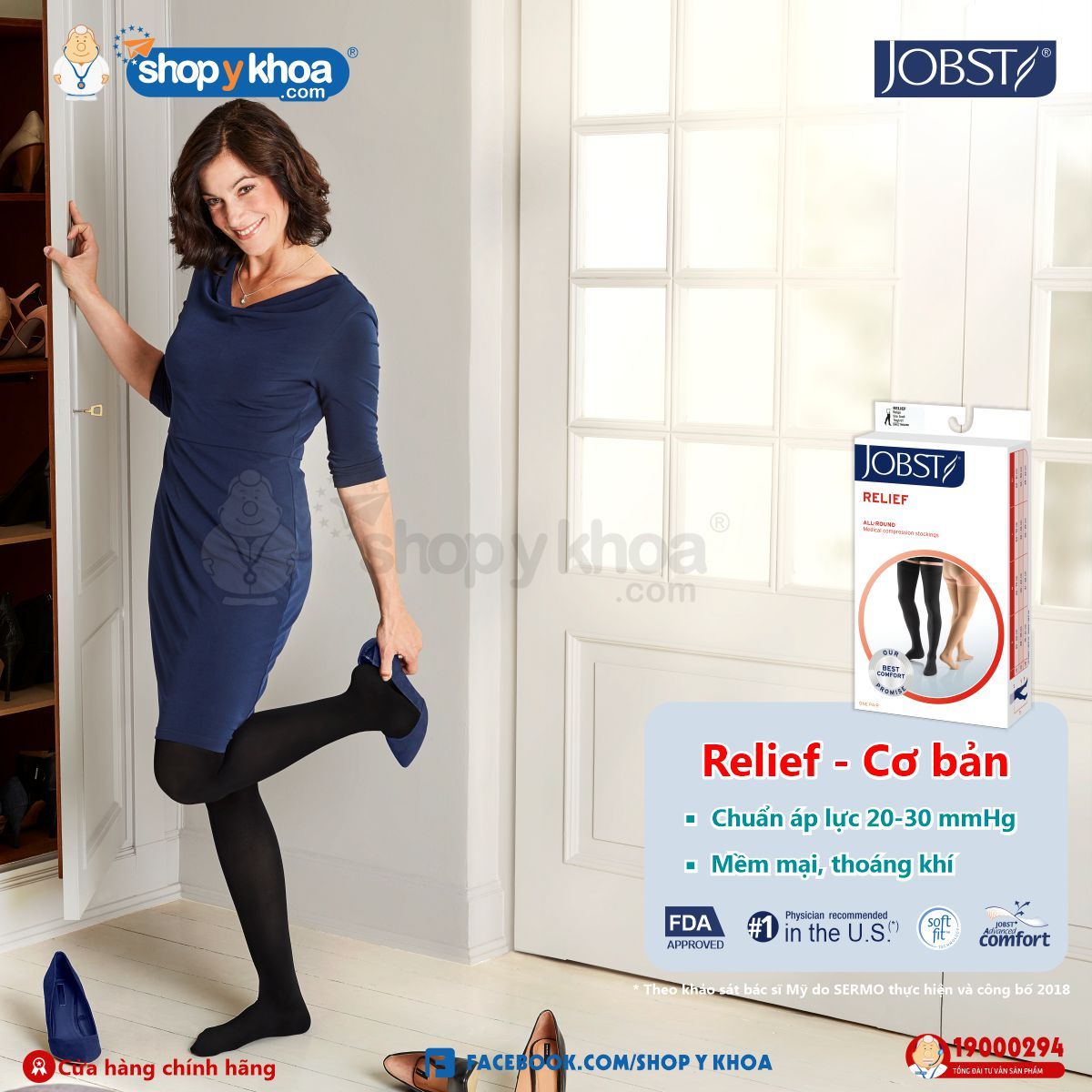  Vớ Y Khoa JOBST Relief Cơ Bản - Vớ Đùi, Màu Đen, Kín Ngón, Áp Lực 20-30mmHg, Silicone 