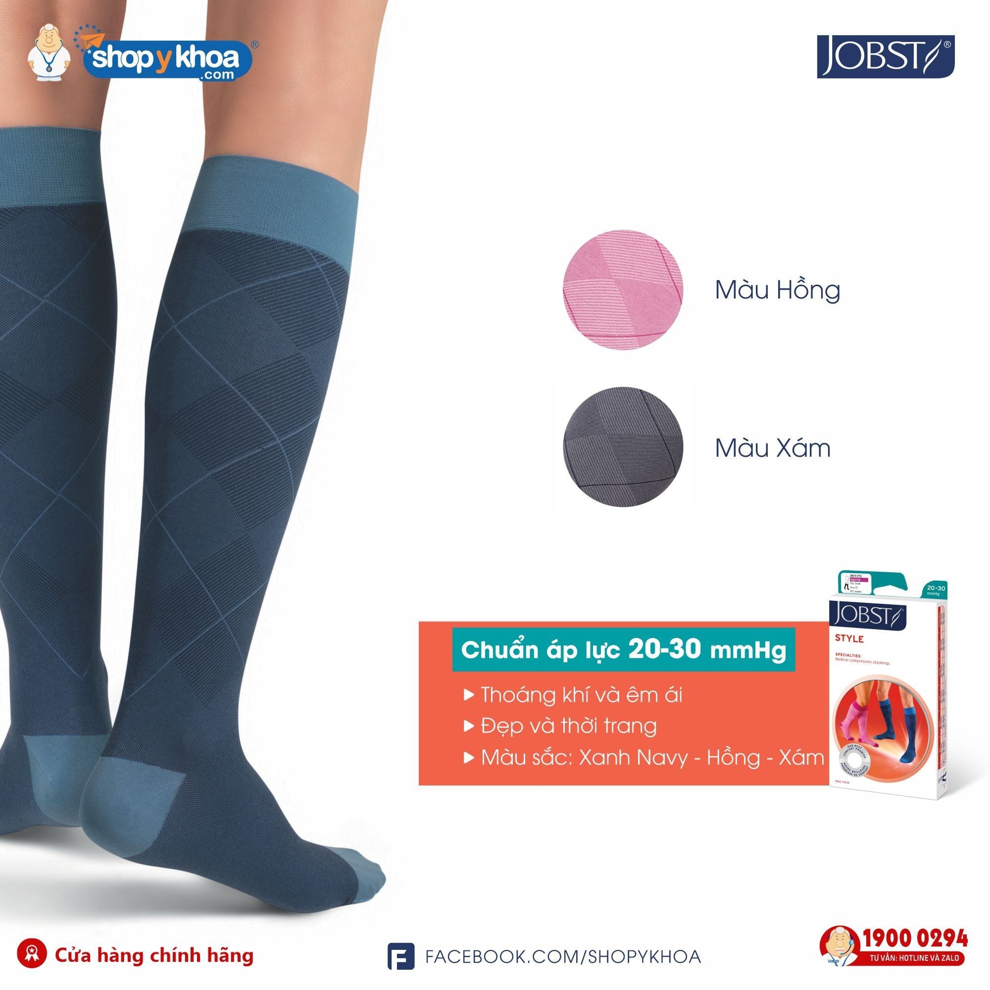  Vớ Y Khoa JOBST Style Thời Trang - Vớ Gối, Màu Xanh Navy - Xám - Hồng, Kín Ngón, Áp Lực 20-30mmHg 