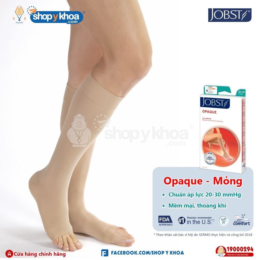  Vớ Y Khoa JOBST Opaque Cao Cấp Mỏng - Vớ Gối, Màu Da, Hở Ngón, Áp Lực 20-30mmHg 