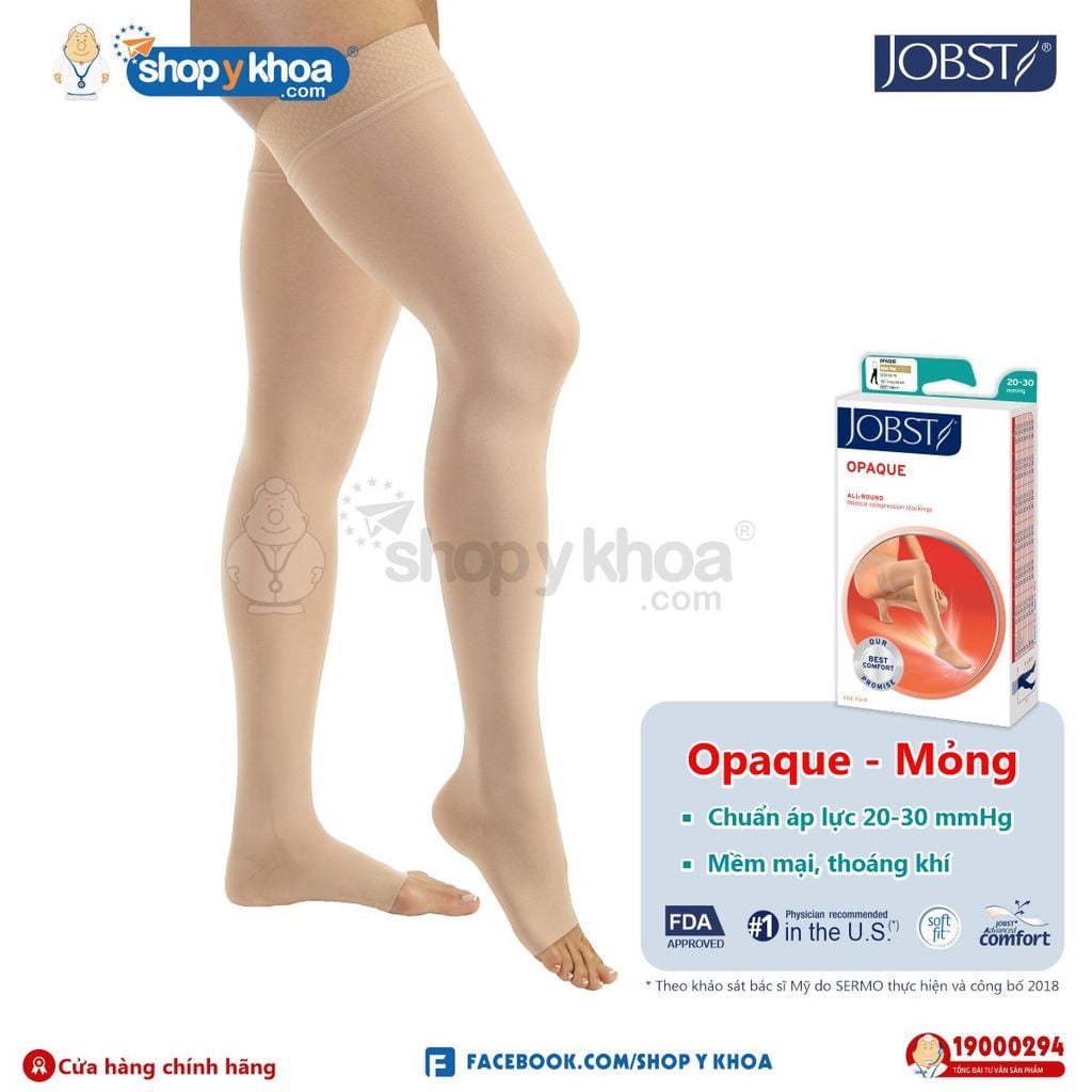  Vớ Y Khoa JOBST Opaque Cao Cấp Mỏng - Vớ Đùi, Màu Da, Hở Ngón, Áp Lực 20-30mmHg, Silicone 