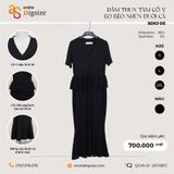  Đầm thun tăm đen cổ V eo peplum đuôi cá 