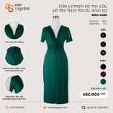  Đầm cotton tay cộc cổ tim thân trước xoắn eo 