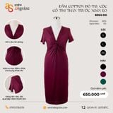  Đầm cotton tay cộc cổ tim thân trước xoắn eo 