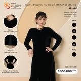  ĐẦM NHUNG ĐEN DÀI TAY CỔ TRÒN PHỐI REN GẤU 