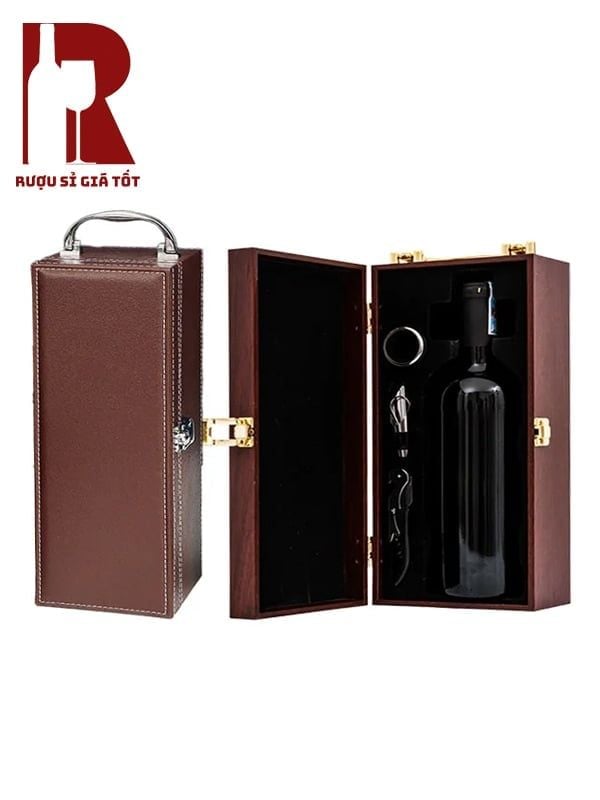 Hộp Da Đựng Rượu 1 Chai May Viền 4 Phụ Kiện Màu Nâu