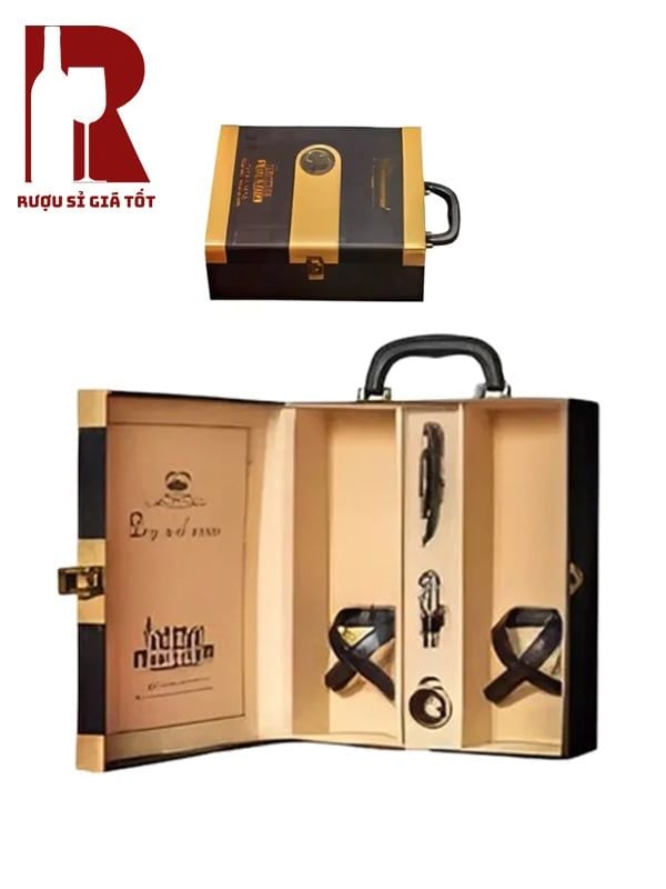 Hộp Da Đựng Rượu 2 Chai 3 Phụ Kiện 1 Sọc Màu Vàng