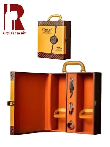 Hộp Da 2 Chai 2 Phụ Kiện Sẻ Dọc To Màu Vàng