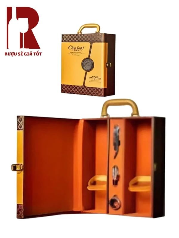 Hộp Da Đựng Rượu 2 Chai 2 Phụ Kiện Sẻ Dọc To Màu Vàng