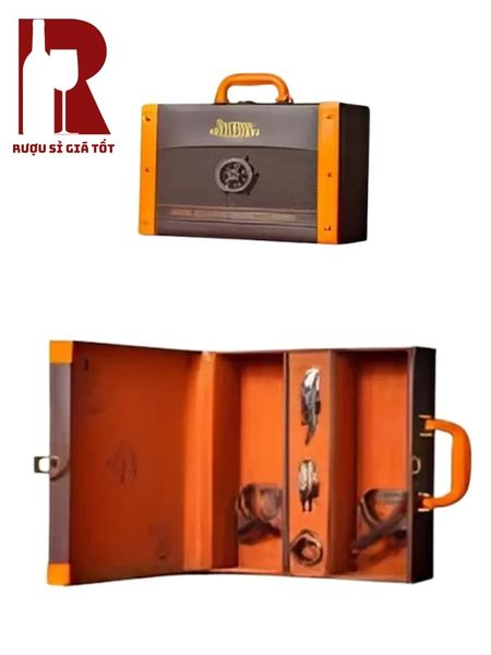 Hộp Da 2 Chai 3 Khuy 3 Phụ Kiện Viền Cam Màu Nâu