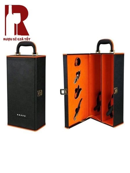 Hộp Da 2 Chai 3 Phụ Kiện Viền Cam Màu Đen