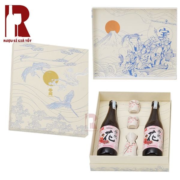 Hộp Quà Sake Nhật Vạn Phúc Nishino Seki 2 chai 720ml 15% kèm bình sứ tokkuri 2 ly ochoko túi giấy quai xách chính hãng