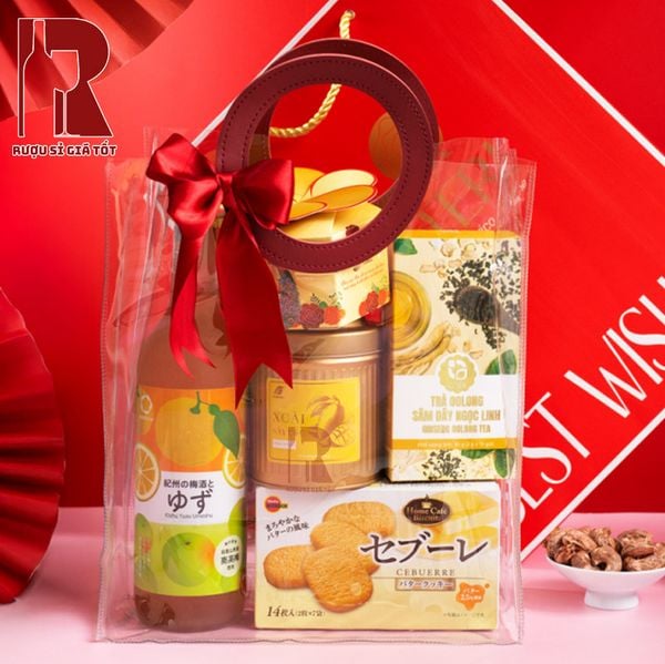 Túi Quà Tết Rượu Nhật An Nhiên phiên bản rượu mơ Nakano Umeshu Yuzu 720ml 12% kèm bánh mứt túi trong suốt quai đỏ chính hãng