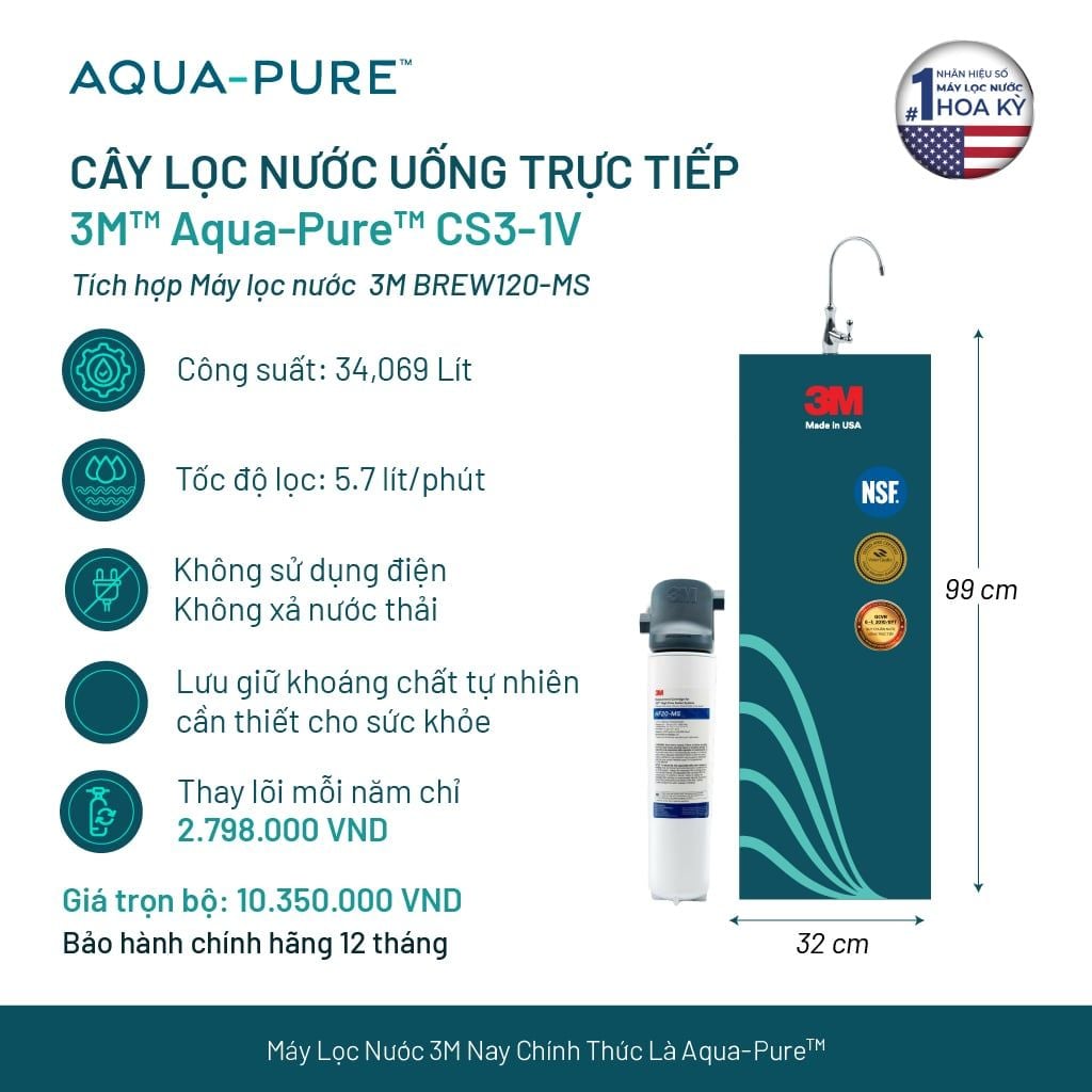  Cây Lọc Nước Uống Trực Tiếp CS3-1V (Tích Hợp Máy Lọc Nước 3M™ Aqua-Pure™ BREW120-MS) 