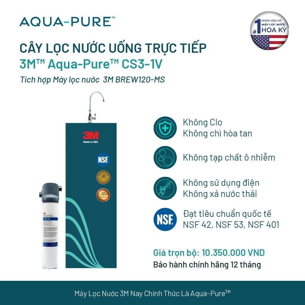  Cây Lọc Nước Uống Trực Tiếp CS3-1V (Tích Hợp Máy Lọc Nước 3M™ Aqua-Pure™ BREW120-MS) 