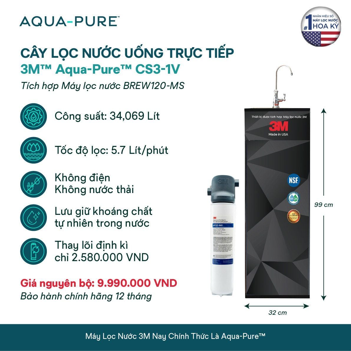  Cây Lọc Nước Uống Trực Tiếp CS3-1V (Tích Hợp Máy Lọc Nước 3M™ Aqua-Pure™ BREW120-MS) 