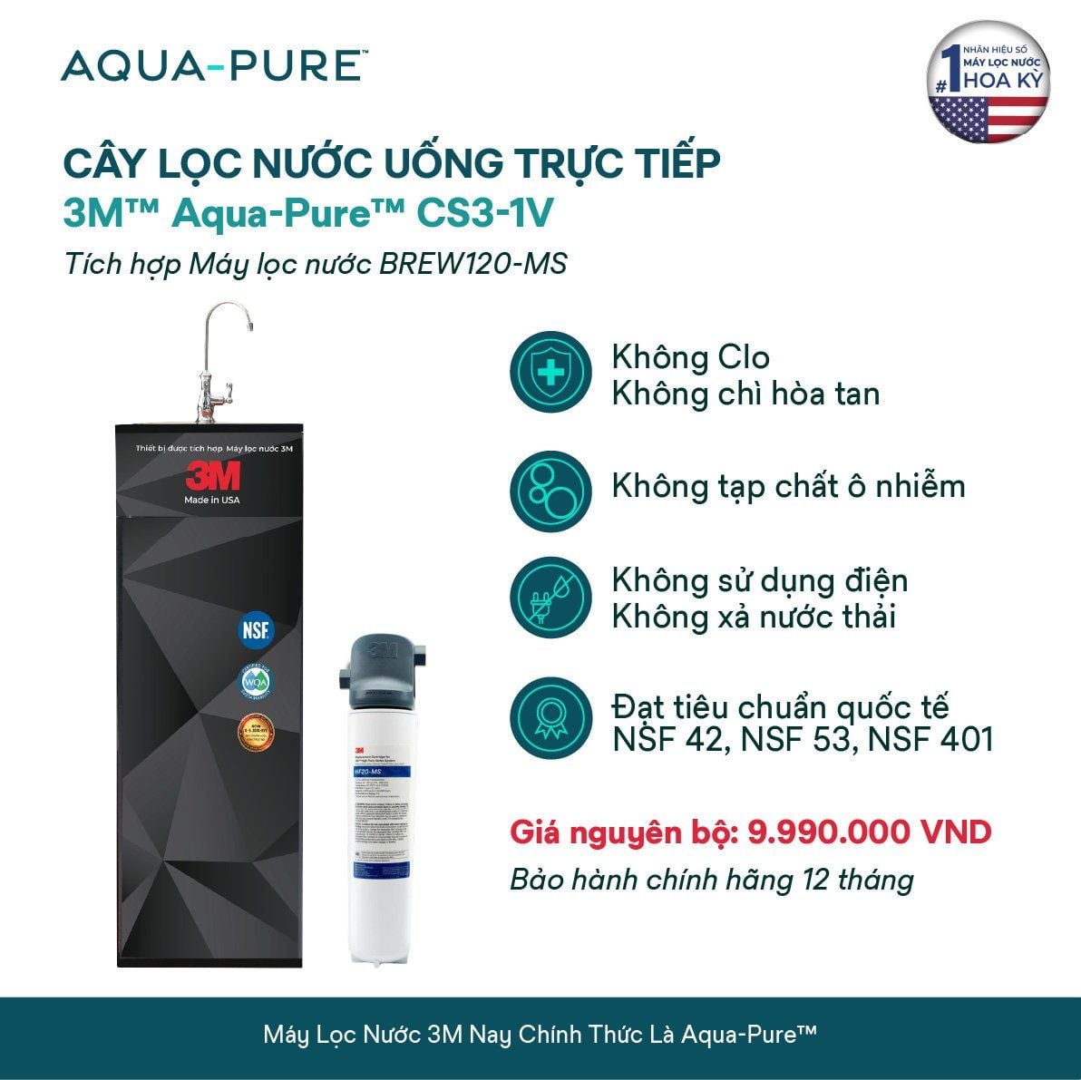  Cây Lọc Nước Uống Trực Tiếp CS3-1V (Tích Hợp Máy Lọc Nước 3M™ Aqua-Pure™ BREW120-MS) 
