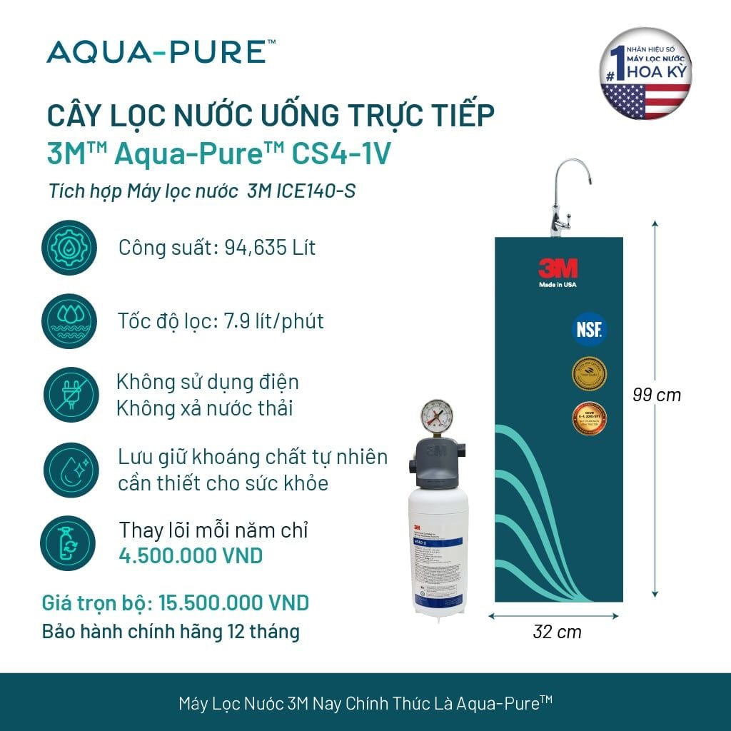  Cây Lọc Nước Uống Trực Tiếp CS4-1V (Tích Hợp Máy Lọc Nước 3M™ Aqua-Pure™ ICE140-S) 