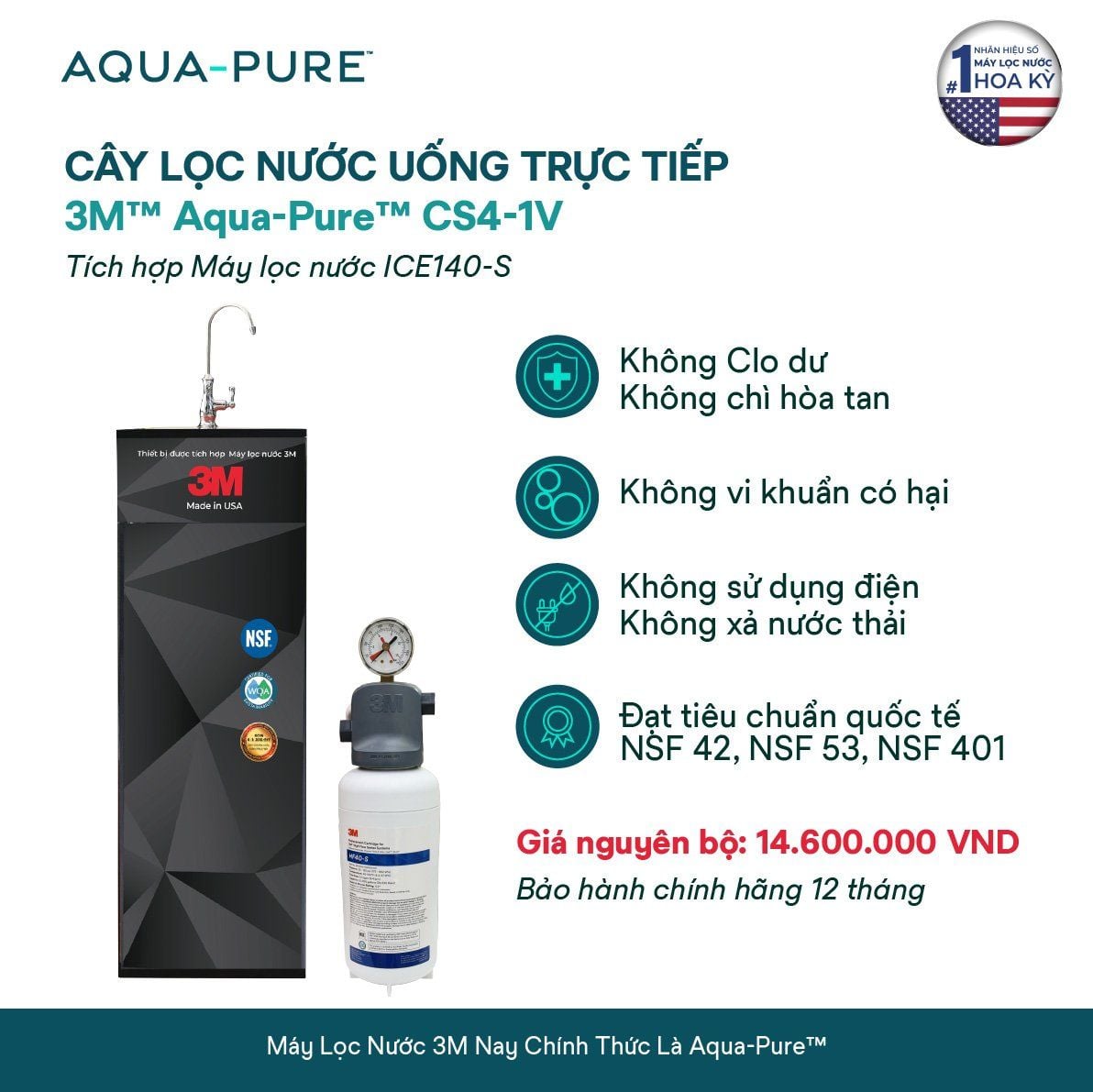  Cây Lọc Nước Uống Trực Tiếp CS4-1V (Tích Hợp Máy Lọc Nước 3M™ Aqua-Pure™ ICE140-S) 