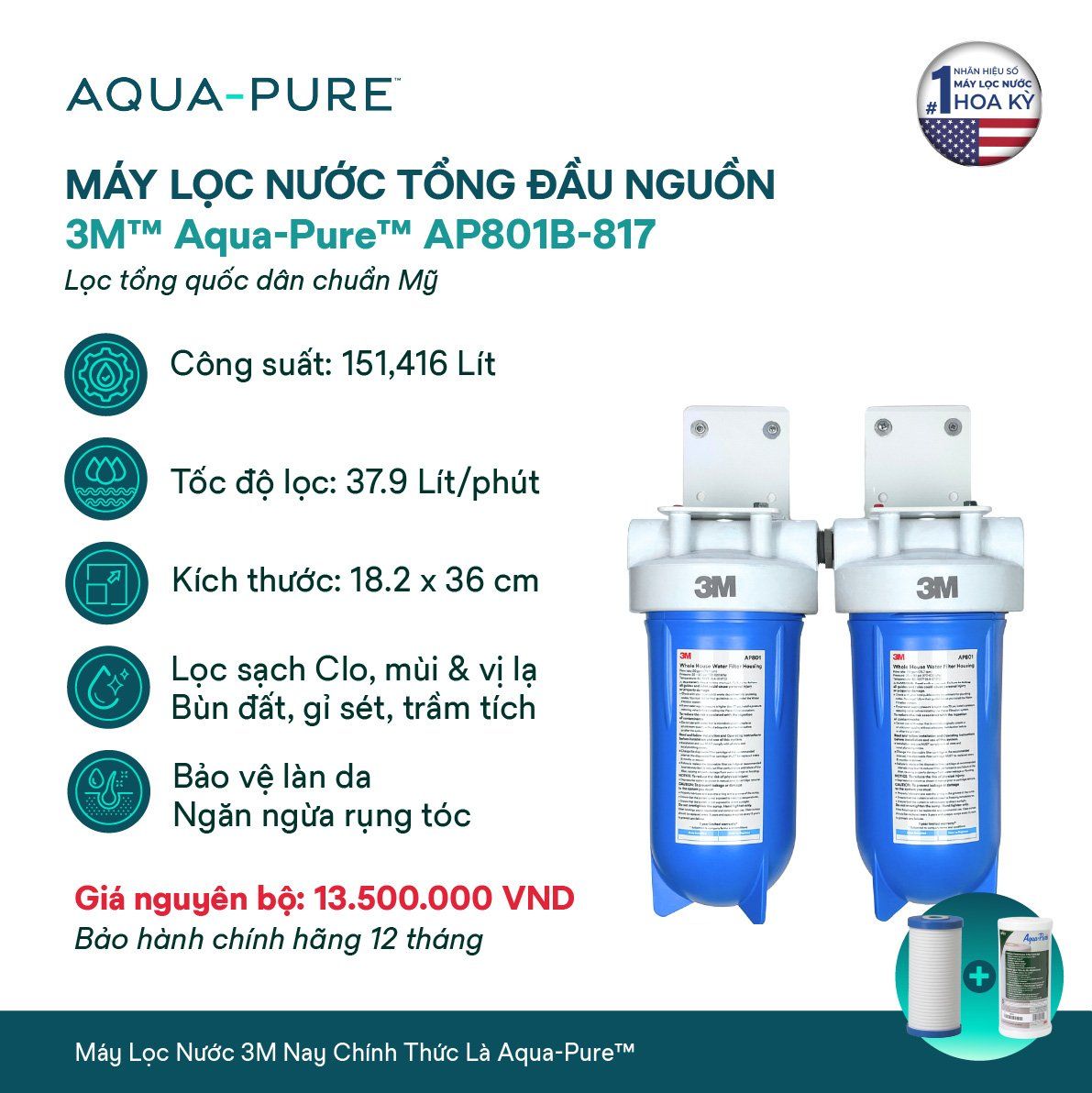  Máy Lọc Nước Tổng Đầu Nguồn Cao Cấp 3M™ Aqua-Pure™ AP801B-817 