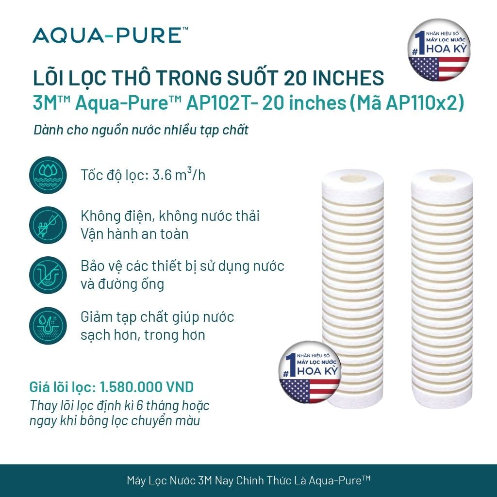  Lõi Thay Cho Bộ Lọc Thô 3M™ Aqua-Pure™ AP102T - 20 inches (Mã AP110x2) 